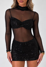 Load image into Gallery viewer, Black Jasmine Sequin Mesh High-Neck Skirt and Top Set