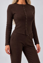 Load image into Gallery viewer, Chocolate Brown Katy Ribbed Button-Up Top & Straight Leg Trouser Co-Ord Set