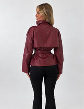 Load image into Gallery viewer, Wine Faux Leather Belted Trench Jacket