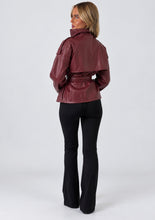 Load image into Gallery viewer, Wine Faux Leather Belted Trench Jacket