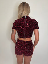 Load image into Gallery viewer, Wine Monica Sequin Mini Shorts Co-ord