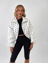 Load image into Gallery viewer, White Polka Dot High Neck Zip-Up Jacket