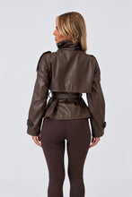 Load image into Gallery viewer, Brown Faux Leather Belted Trench Jacket
