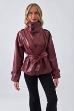 Load image into Gallery viewer, Wine Faux Leather Belted Trench Jacket
