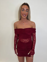 Load image into Gallery viewer, Wine Myra Lace Ruched Mini Dress
