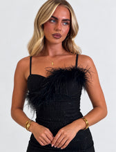 Load image into Gallery viewer, Black Feather Belle Diamanté Mini Dress