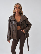 Load image into Gallery viewer, Brown Faux Leather Belted Trench Jacket