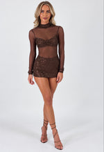 Load image into Gallery viewer, Brown Jasmine Sequin Mesh High-Neck Skirt and Top Set
