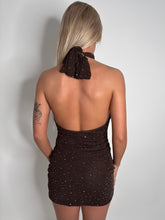 Load image into Gallery viewer, Brown Tabbie Halterneck Rhinestone Mini Dress
