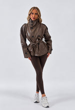 Load image into Gallery viewer, Brown Faux Leather Belted Trench Jacket