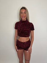Load image into Gallery viewer, Wine Monica Sequin Mini Shorts Co-ord