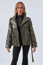 Load image into Gallery viewer, Green Faux Leather Belted Trench Jacket