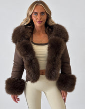 Load image into Gallery viewer, Brown Carol Faux Fur Trim Cropped Jacket