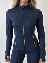 Load image into Gallery viewer, Navy Emily Sculpted Zip-Up Flared Tracksuit Set