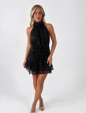 Load image into Gallery viewer, Black Sequin Natalia Lace Halter Mini Dress