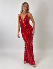 Load image into Gallery viewer, Red Hailey Sequin Plunge Maxi Dress