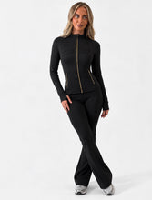 Load image into Gallery viewer, Black Emily Sculpted Zip-Up Flared Tracksuit Set