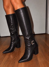 Load image into Gallery viewer, Black Buckle Knee High Heeled Boots