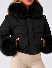 Load image into Gallery viewer, Black Carol Faux Fur Trim Cropped Jacket