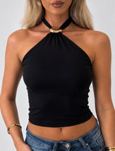 Load image into Gallery viewer, Black Daisy Gold Detail Halter Neck Top