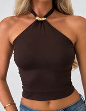 Load image into Gallery viewer, Brown Daisy Gold Detail Halter Neck Top