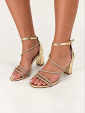 Load image into Gallery viewer, Gold Diamanté Strap Block Heel Sandals