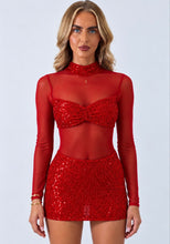 Load image into Gallery viewer, Red Jasmine Sequin Mesh High-Neck Skirt and Top Set