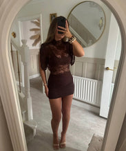 Load image into Gallery viewer, Brown Elara Lace Mini Dress
