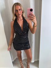 Load image into Gallery viewer, Black Saraid Sequin Cowl Mini Dress
