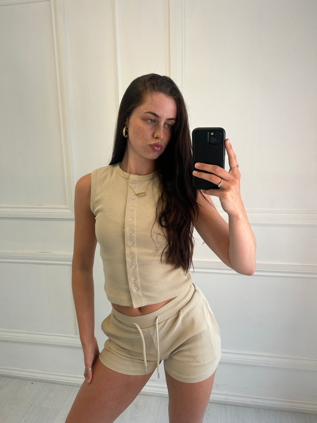 Beige Luna sleeveless button up co-ord