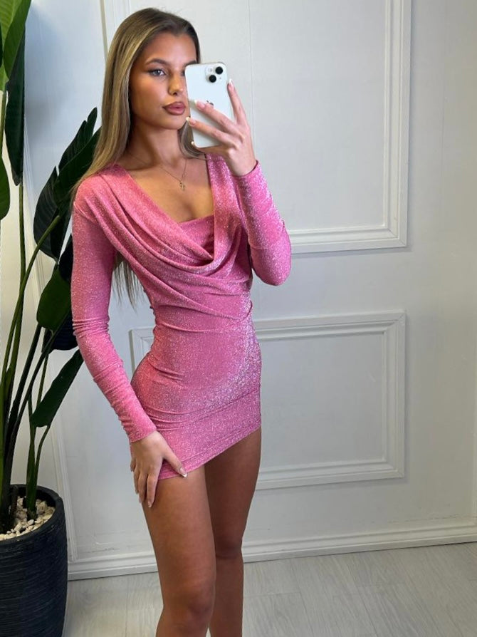 Pink Selena Lurex Cowl Neck Mini Dress