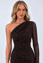 Load image into Gallery viewer, Chocolate Brown Leah Sparkle One Shoulder Mini Dress
