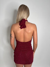 Load image into Gallery viewer, Wine Tabbie Halterneck Rhinestone Mini Dress
