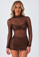 Load image into Gallery viewer, Brown Jasmine Sequin Mesh High-Neck Skirt and Top Set
