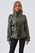 Load image into Gallery viewer, Green Faux Leather Belted Trench Jacket
