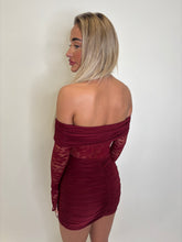 Load image into Gallery viewer, Wine Myra Lace Ruched Mini Dress
