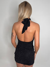 Load image into Gallery viewer, Black Tabbie Halterneck Rhinestone Mini Dress
