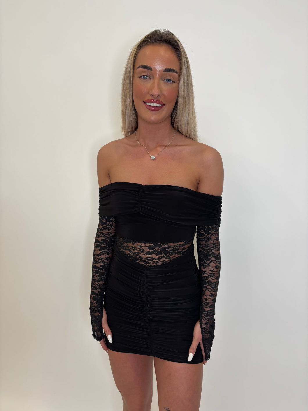 Black Myra Lace Ruched Mini Dress