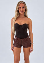 Load image into Gallery viewer, Chocolate Brown Nikitta Faux Leather Zip-Up Micro Shorts
