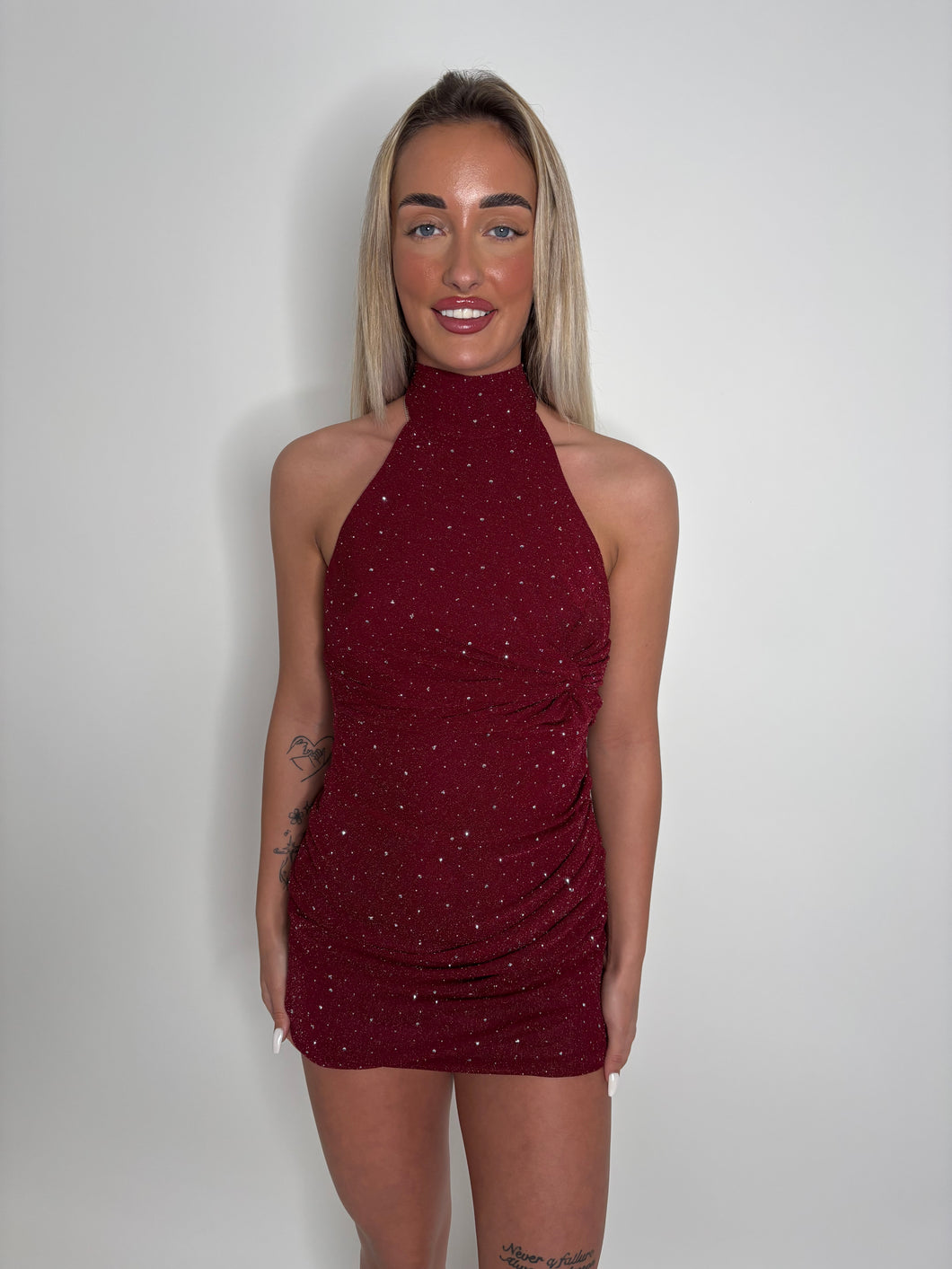 Wine Tabbie Halterneck Rhinestone Mini Dress
