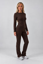 Load image into Gallery viewer, Chocolate Brown Katy Ribbed Button-Up Top &amp; Straight Leg Trouser Co-Ord Set
