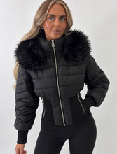 Load image into Gallery viewer, Black Estelle Fur Trim Cropped Puffer Jacket
