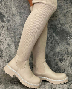 Beige Tia Knitted Sock Over the Knee Boots