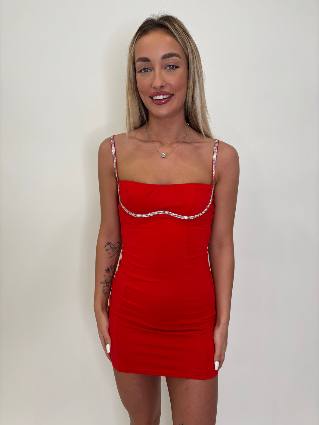 Red Sabrina Diamond Strap Mini Dress
