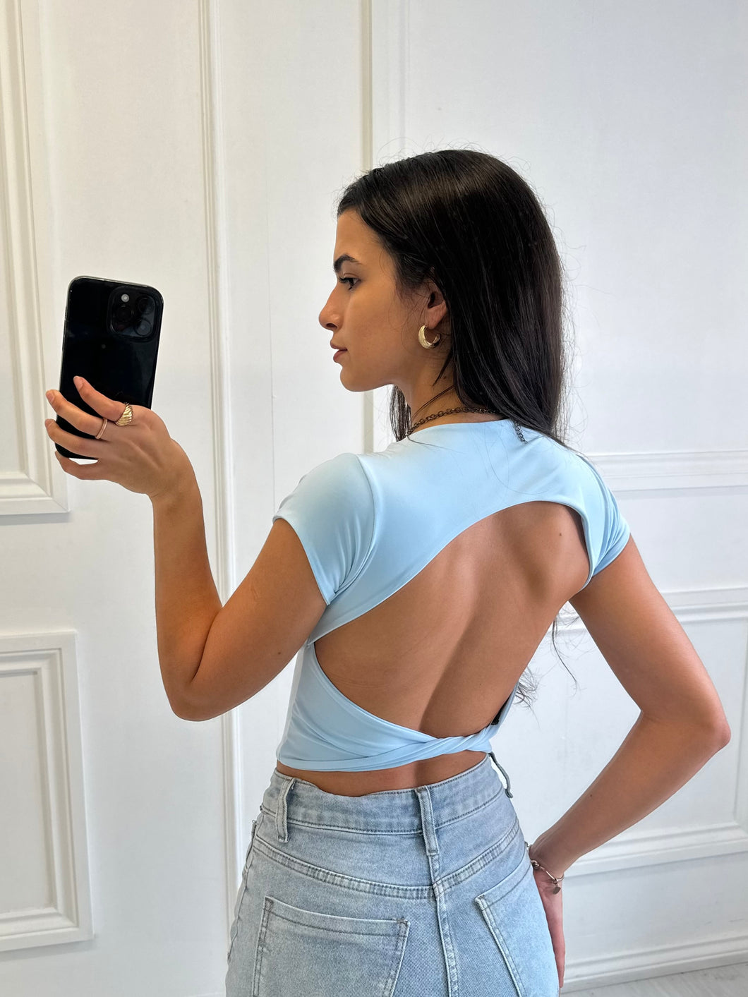 Baby Blue Open Back Cropped Top