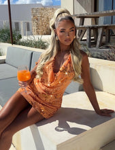 Load image into Gallery viewer, Orange Ohora Sequin Halter Mini Dress
