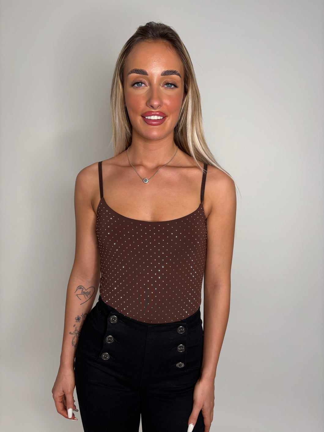 Brown Kiah Rhinestone Bodysuit