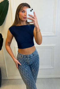 Navy Nala Backless Crop Top