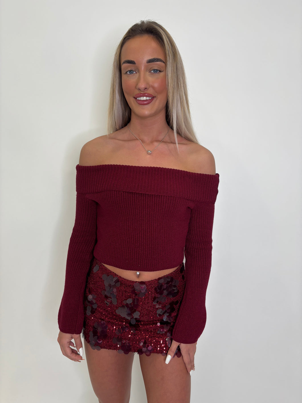 Wine Eliza Off Shoulder Knit Jumper