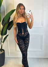 Load image into Gallery viewer, Black Winnie Lace Corset Jumpsuit
